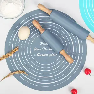 Wood Rolling Pin & Silicone Pastry Mat Set, Non-Stick Dough Mat with Measurements, Home Baking Essentials, Kitchen Bakeware Tool Kit, Baking Tools, Baking Supplies, Kitchenware