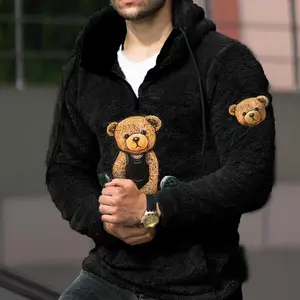 Men's Cartoon Bear Embroidery Pocket Fuzzy Hoodie, Fitted Casual Long Sleeve Hooded Sweatshirt for Fall & Winter, Men's Clothes for Daily Wear