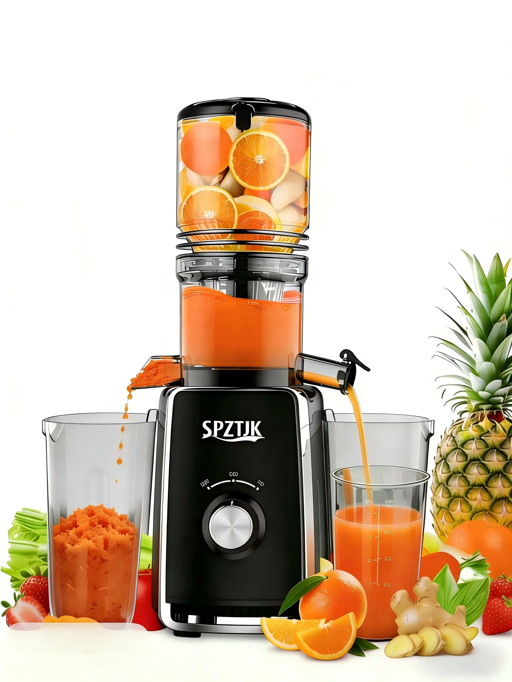 SPZTJK Cold Press Juicer Masticating Juicer With 5.3 Wide Feed Chute 300w Slow Juicer Ideal For Whole Fruits And Vegetables High Juice Yield Auto Pulp Separation, Quiet Motor Easy To Clean  Springtok Steel A MustHave For Your Kitchen Perfect Gift Idea