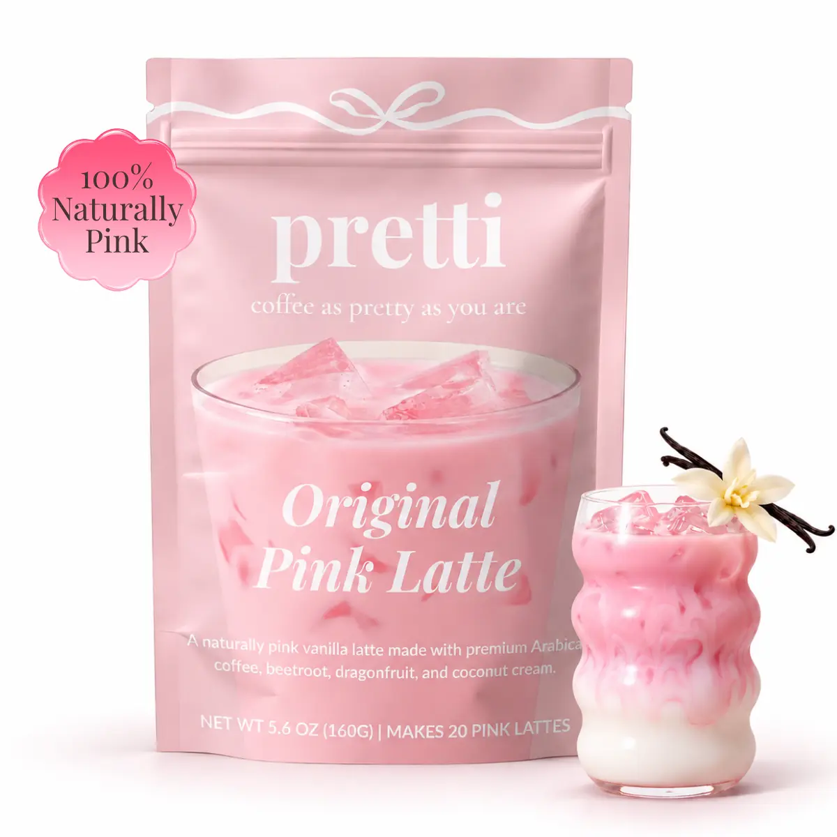 ORIGINAL PINK LATTE - Creamy Vanilla Instant Latte with Premium Arabica Coffee and Monk Fruit, 0 Artificial Dyes, 50mg Caffeine, 20 Servings