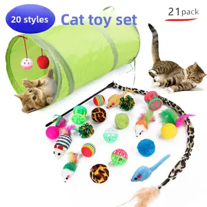 Interactive 21Pcs Cat Toys Kit Collapsible Tunnel Feather Wand Plush Mouse Variety Pack for Indoor Cats Rechargeable Livestock Prod with Flexible Shaft pet stuff dog pepper spray bugs detector reverse slow feeder shaped harness silicone k9 automatic