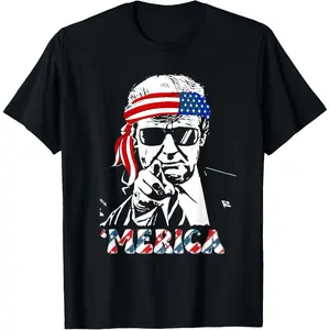 'MERICA TRUMP Happy 4th Of July Trump American Flag T-Shirt Top Black