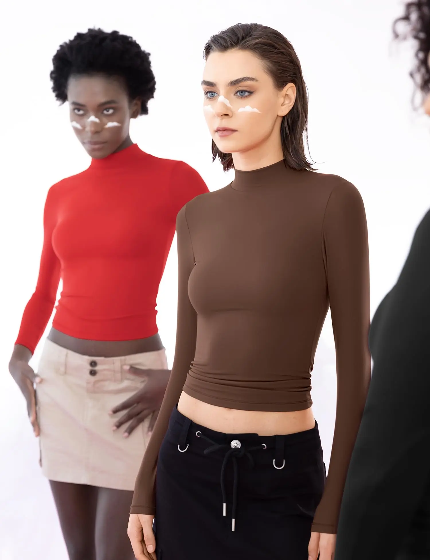 PUMIEY Long Sleeve Shirt for Women, Solid Slim Fit Mock Neck Top, Casual Lightweight Double-Layer Polyamide Blend Fabric,back to school,back to school shopping, High Neck, Long Sleeve Tops