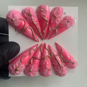 Pink Fantasy PressOn Nails with Floral Design and Gold Accents for Stylish Nail Art