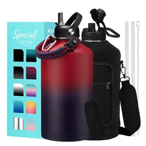 1 Gallon Water Bottle with Straw - 32 40 64 128 oz double wall Stainless Steel Water Jug with Sleeve Carrier Bag, Auto Spout Lid, Paracord Handle, Large Insulated Water Bottles Gallon Water Jug