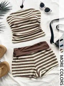 Cute striped 2-piece set ， Smocked Cropped tube top + shorts — perfect for summer outings