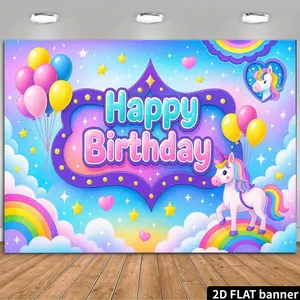 2D Plane Unicorn Birthday Background Fabric - Main Visual for Party Decoration Supplies, Uses Dreamy Pink Blue Purple Gradient Border, Contains 3D "Happy Birthday" Big Text, Surrounding Yellow Stars, Pink Party Decorations Banners