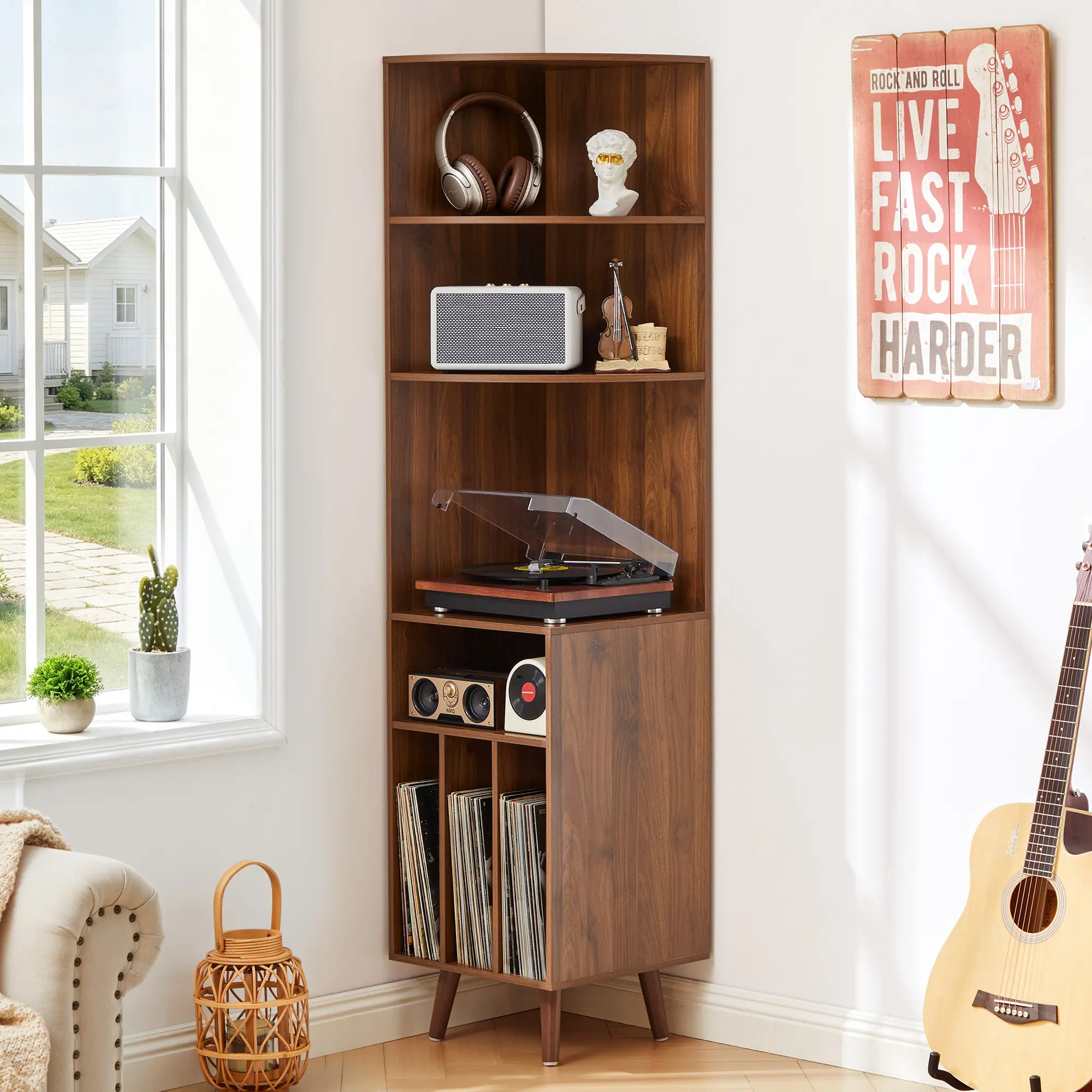 Giratree Corner Record Player Stand, 67'' Tall Turntable Stand Table | 5-Tier Vinyl Record Storage Cabinet with Vinyl Storage Modern Wood Media Storage Cabinet for Living Room Music Corner