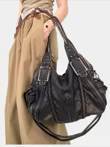 Ladies' vintage vegan motorcycle tote bag, Crossbody tote, with washed spicy girl wasteland style multi pocket soft shoulder bag, detachable shoulder strap, large capacity diagonal cross bag, street Y2K handbag, woven design, suitable for dai