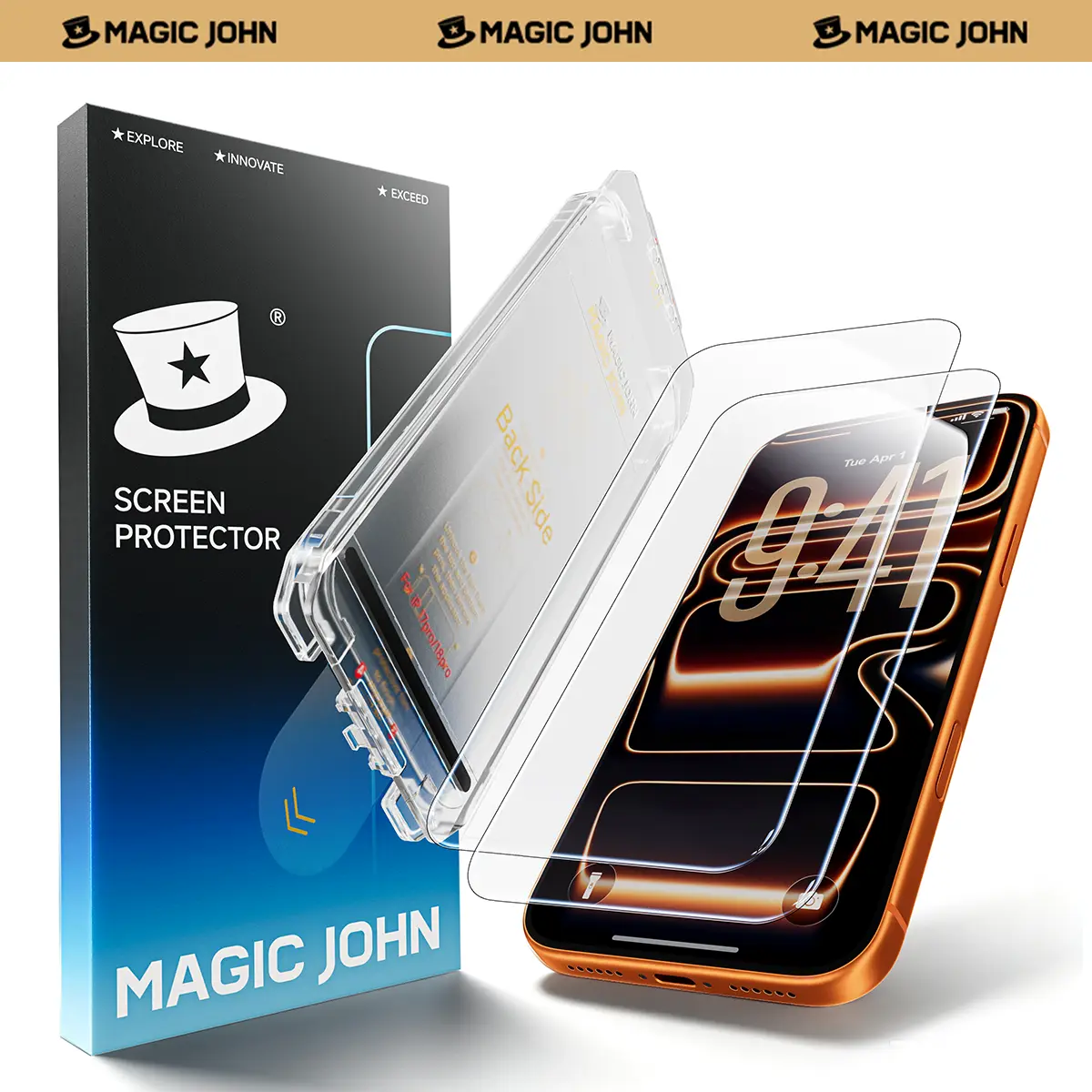 MAGIC JOHN MagicView Tempered Glass Protective Screen Cover for iPhone 18/17/16/15 Series Smartphones, 2-Pack for Cellphone Devices, 0.33mm No Black Border, Auto Dust Removal Easy Installation, HD or 28° Privacy, Case-Friendly