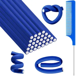 30 Pcs 7'' Flexible Curling Rods Twist Foam Hair Rollers Soft Foam No Heat Hair Rods Rollers and 1 Steel Pintail Comb Rat Tail Comb for Women Long Short Hair(Pink,7 x 0.55 Inch)