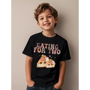 Adorable Boys Graphic Tee EATING for TWO with Cute Cartoon Pumpkin Pastries in Pastel Colors Perfect for Young Kids Casual Playful Casual Attire