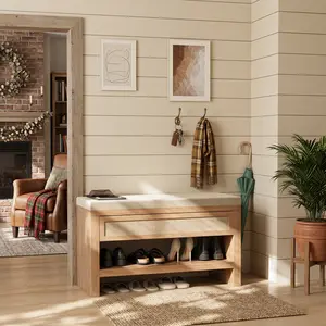 32” Shoe Bench with Storage Drawer, Farmhouse Entryway Bench with Linen Seat Cushion & Shelf, Wooden Shoe Rack Organizer for Hallway, Living Room, Bedroom