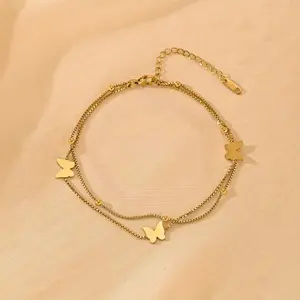 Gold-Plated Stainless Steel Beaded Ankle Chain, Layered Butterfly Design Anklet, Elegant Fashion Costume Jewelry Accessory for Wedding Banquets, Beach