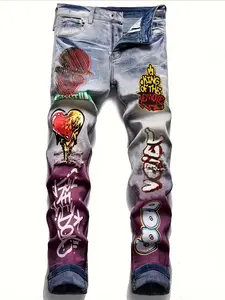 Men’s Y2K straight-leg jeans with rips and prints, European & American fashion trend