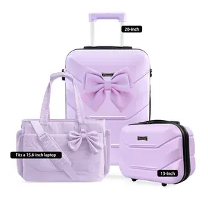 Dreamy Purple 3-Piece Luggage Set 13" & 20" Carry-On + Crossbody Cloud Bag with Bow Fits 15.6" Laptop Ideal for Travel Work School No Check-In Needed