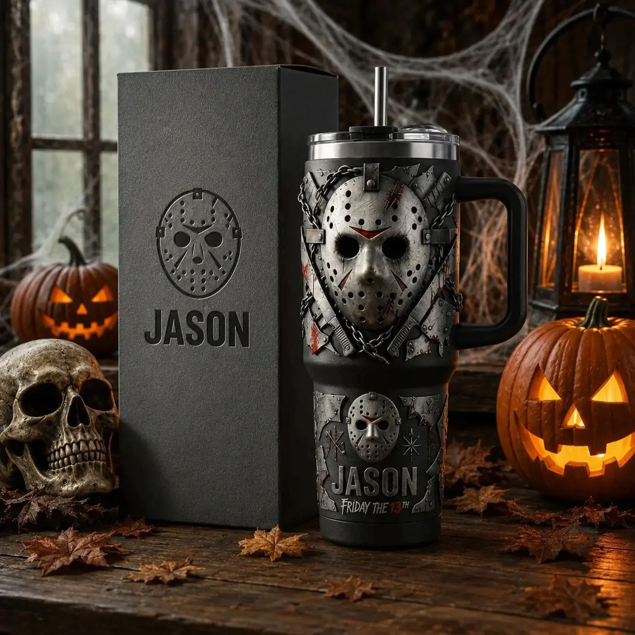Jason Voorhees Friday the 13th 40oz Tumbler, Premium Stainless Steel Insulated Travel Cup With Handle and Straw, Iconic Hockey Mask Slasher Horror Movie Collector Mug, Leakproof Halloween Gift for Classic Horror Fans