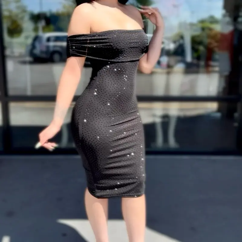 Off shoulder rhinestone midi dress