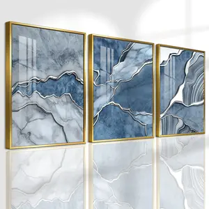3 Counts Aluminum Alloy Framed Painting, Abstract Blue Marble Texture Art Pictures, Home Decoration For Living Room, Bedroom, Office, Restaurant, Hallway Wall Decor, Odorless Print Artwork, Luxury Perfect Gift For Friends And Family