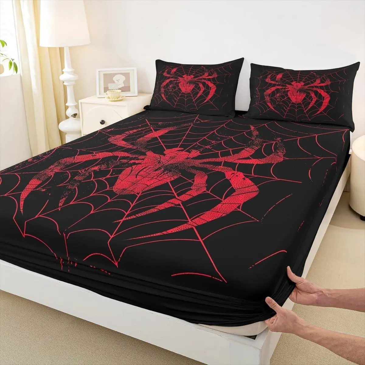 Spider Fitted Sheet,Red Spider Web Print Bedding Set,Gothic Arachnid Animals Halloween Theme Black Bed Cover,Kids Boys Girls Room Decor,Soft Bedding(No Flat)