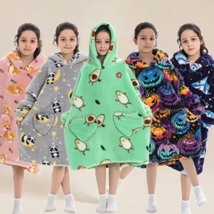 Oversized Wearable Blanket Hoodie for Kids, One Size Fits Most Boys & Girls, Super Soft Cozy Plush Nightgown, Cute Style, 1 Piece