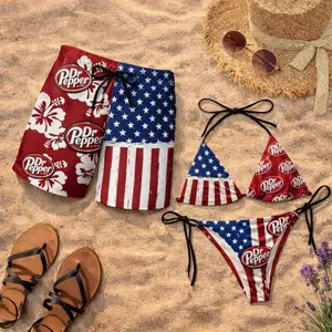 Dr Pepper USA Flag Inspired Matching Couples Swimsuit Set – String Bikini & Men Swim Trunks, Patriotic Red White Blue Beachwear, Summer Vacation Pool Party Outfit