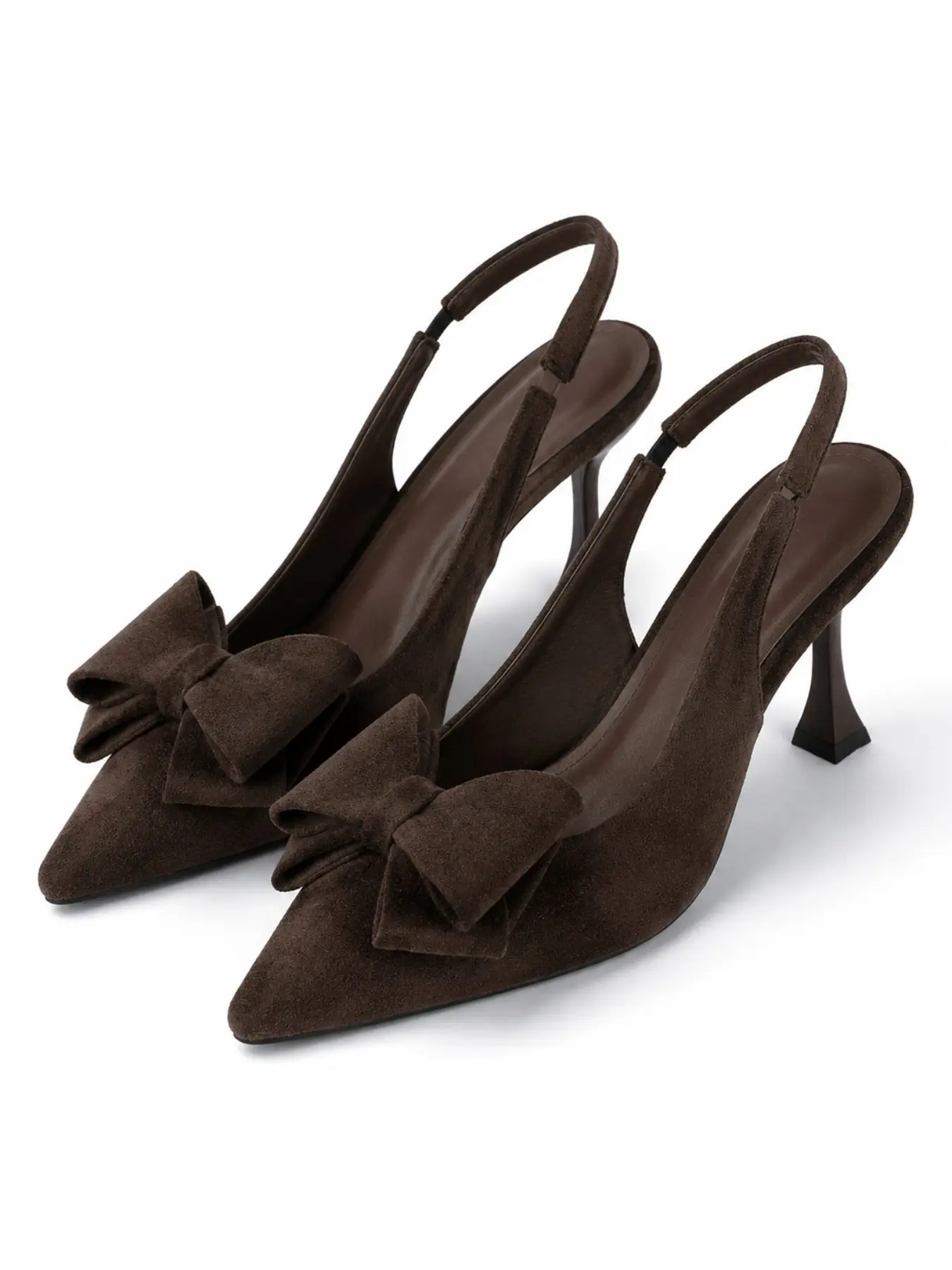 Elegant Chocolate Brown Suede Slingback Sandal Heels with Oversized Bow Pointed Toe Kitten Heel Pumps for Women Footwear