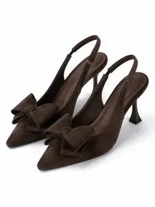 Elegant Chocolate Brown Suede Slingback Heels with Oversized Bow Pointed Toe Kitten Heel Pumps for Women Footwear