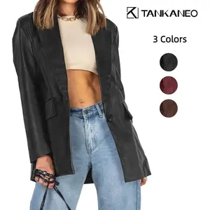 Tankaneo Womens Oversized Leather Jacket Long Sleeve Faux Leather Blazer Lapel Button Down Leather Shacket Coat with Pockets