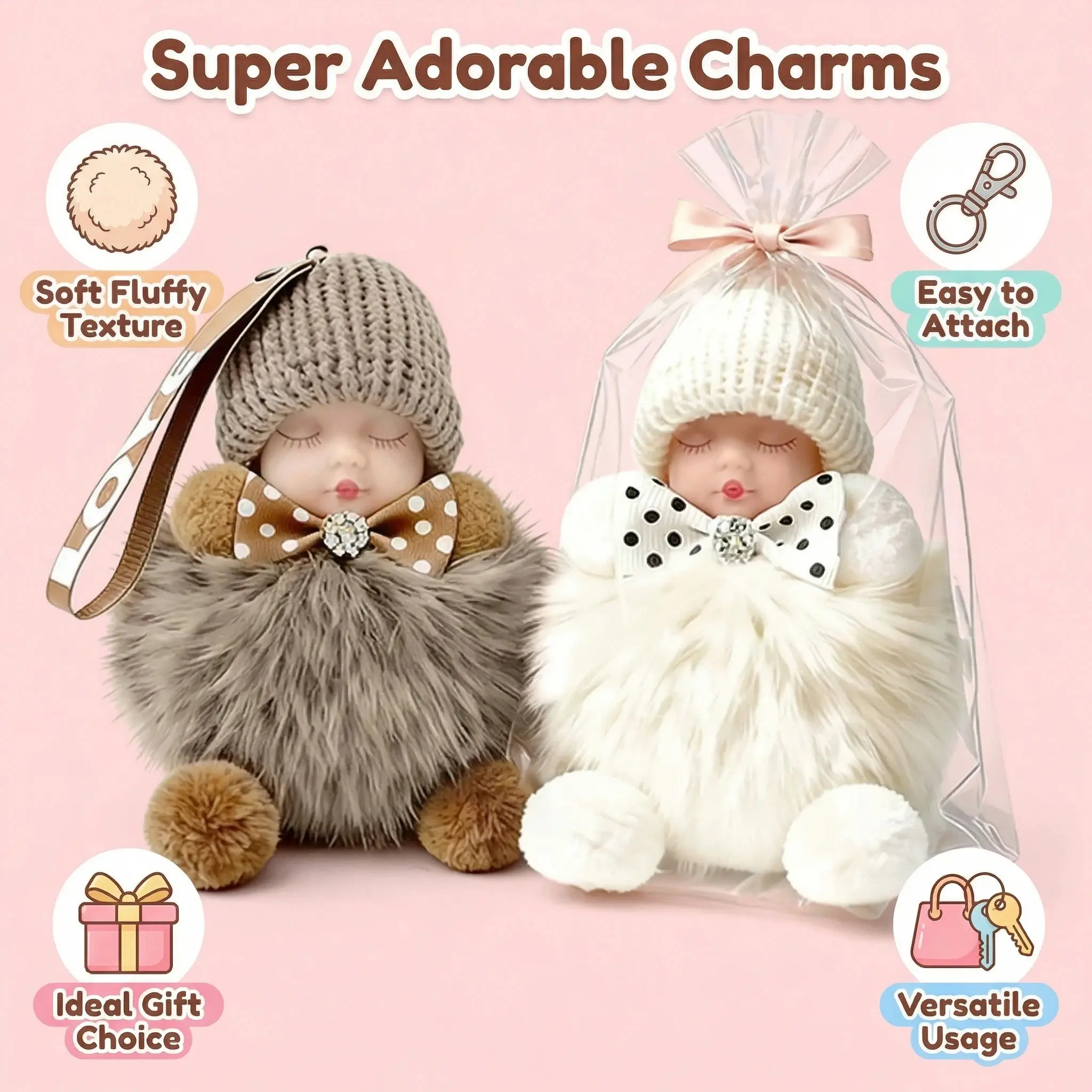 2-piece handmade plush pendant set with a metal gift box, soft dollkeychain, phone pouch charm, sleeping doll keychain, Keyrings, Key rings for children or girlfriends, soft holiday gift, Mother's Day and Christmas gift ideas