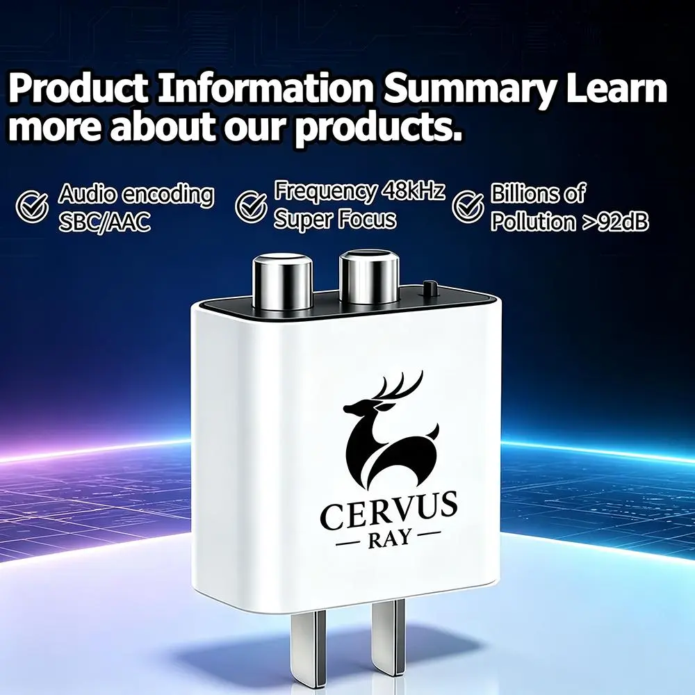 CERVUS RAY 5.4 Wireless Bluetooth 5.4 Audio Receiver Accessory - AUX & RCA Dual Output Converter with Dual Input, Fast Connect for Old-Fashioned Speakers/Tvs, Amplifiers, 220V Plug-and-Play Compact Adapter