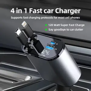 Joytutus 120W Retractable 4-in-1 Car Charging Cable & 4-Port Adapter for iPhone Galaxy Pixel Safe Reliable Car Plug Carcharger with Dual Type-C Cables and Ultra-Fast Charging for Laptops