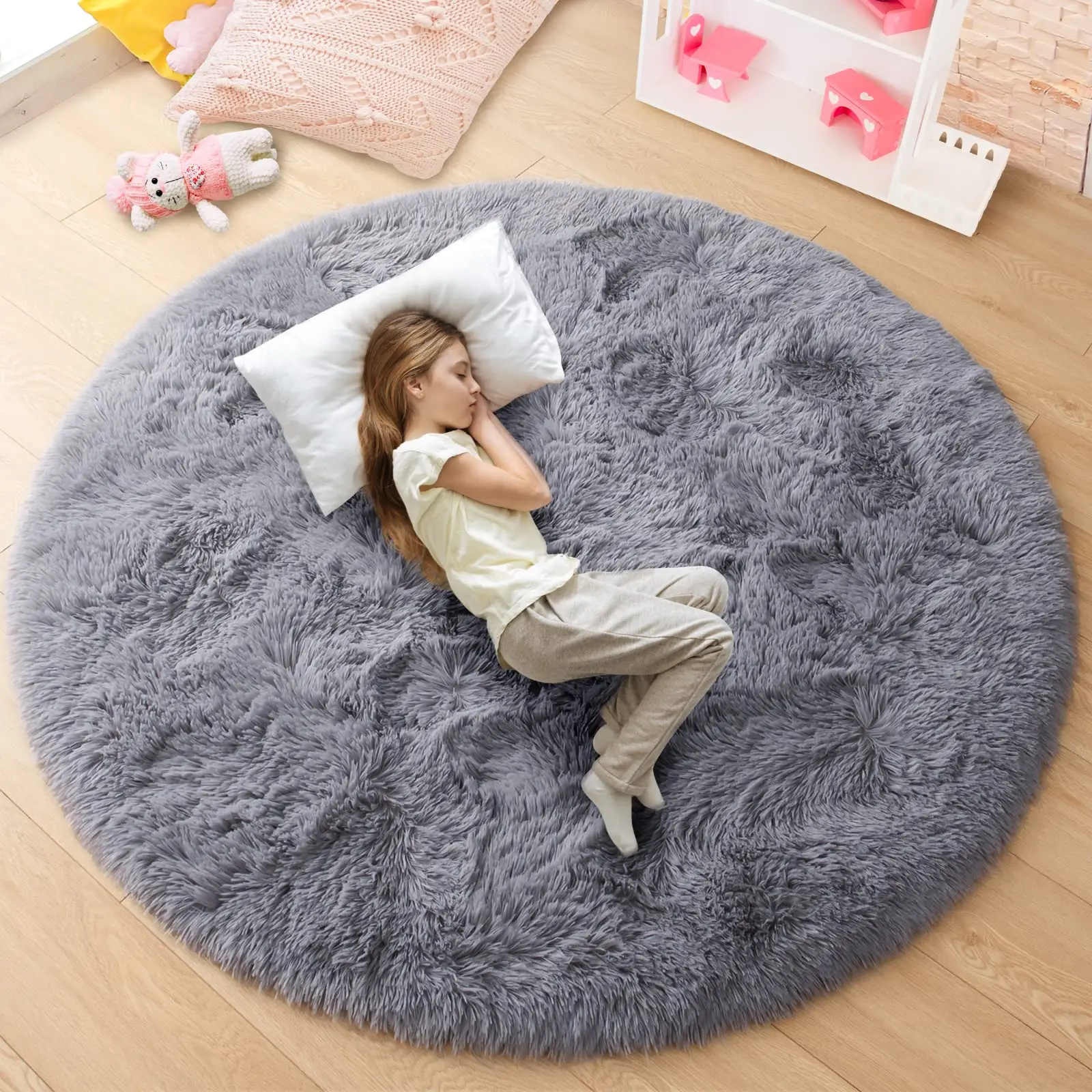 Junovo Soft Round Rainbow Area Rug - Plush Texture, Anti-Slip Base, Princess Castle Design, Multicolor Plush Princess-Themed Round Bedside Rugs for Kids' Bedrooms, Nurseries, Multicolor Area Rugs