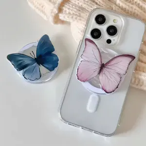 Butterfly Aesthetic MagSafe Phone Grip, Blue & Pink Magnetic Griptok Ring Stand for iPhone, Foldable Phone Holder Accessory