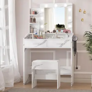 Garvee Makeup Vanity with Adjustable Brightness Lighting, Large Drawer, Two-Level Storage Closet, and Mirror with 3 Light Modes for Enhanced Makeup Experience