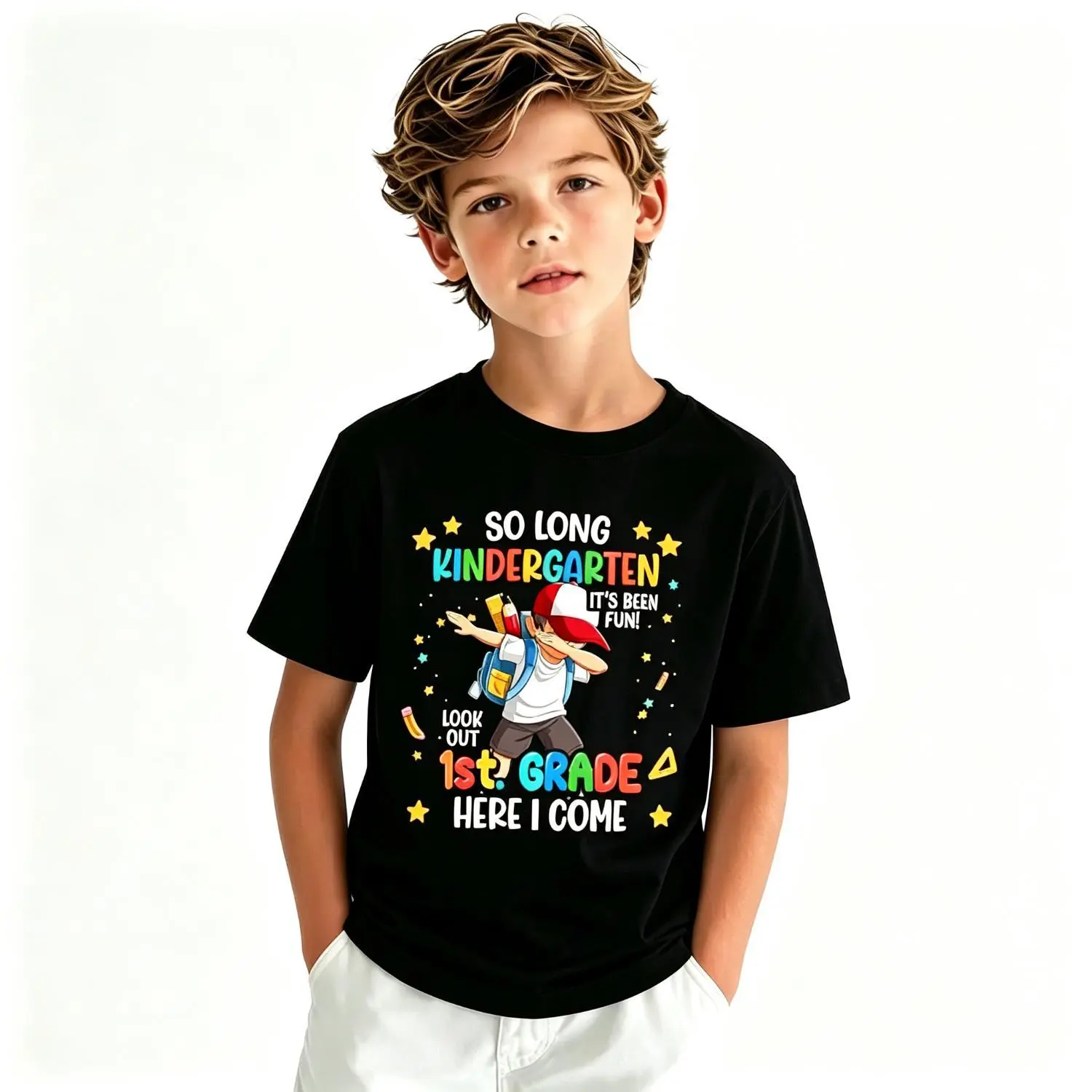 Kids' Soft Breathable Crew Neck Stripe Graphic T-Shirt, 'So Long Kindergarten' Print for Boys & Girls, 1st Grade School Wear, Stripe Boys' T-Shirts
