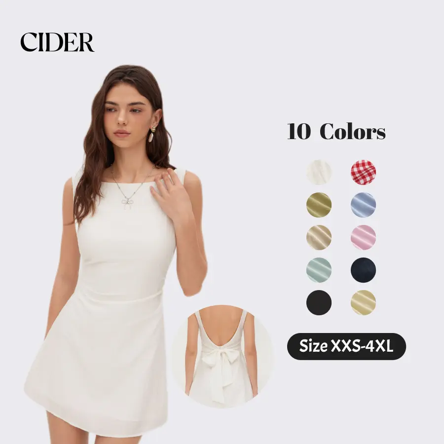 Cider Linen-Blend Boat Neck Knotted Backless Mini Dress – Women's Chic Elegant Summer Vacation Sundress, Solid White A-Line Fit Flare Party Cocktail Dress Casual Basic Womenswear SummerWins SummerFinds