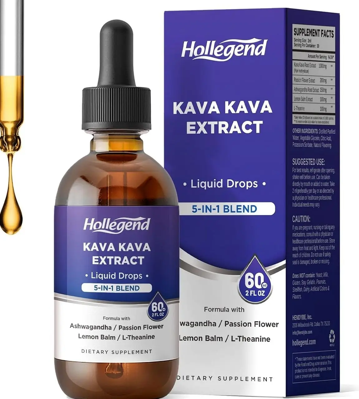 Kava Kava Root Extract Liquid Drops, 5 in 1 Blend with Ashwagandha, Lemon Balm, L-Theanine, Kava Tincture Supplement for Stress Relief, Sleep, Brain Health, 2 Fl Oz