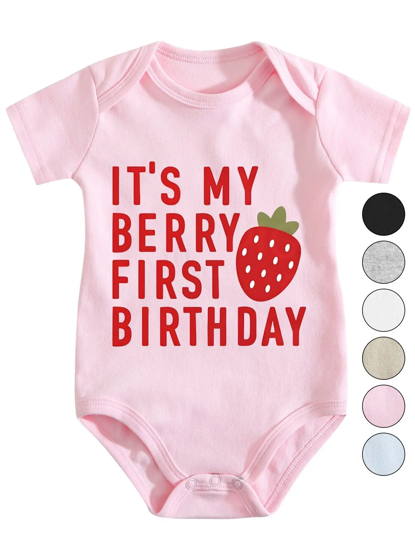 It's My Berry First Birthday Baby Girl Bodysuit, Strawberry Pun Red Block Letter Short Sleeve 100% Cotton Newborn Infant Romper Onesie