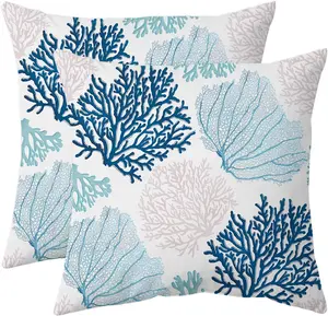 Set of 2 Coastal Coral Throw Pillow Covers, 18x18 Inch Nautical Ocean Cushion Cases for Sofa, Bedroom, Living Room