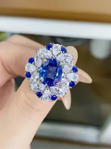Women's Pure Silver Ring Blue Sapphire Sea Glass Diamond Jewelry, Full Drill Color Gemstone, Tiktok Live Bestseller