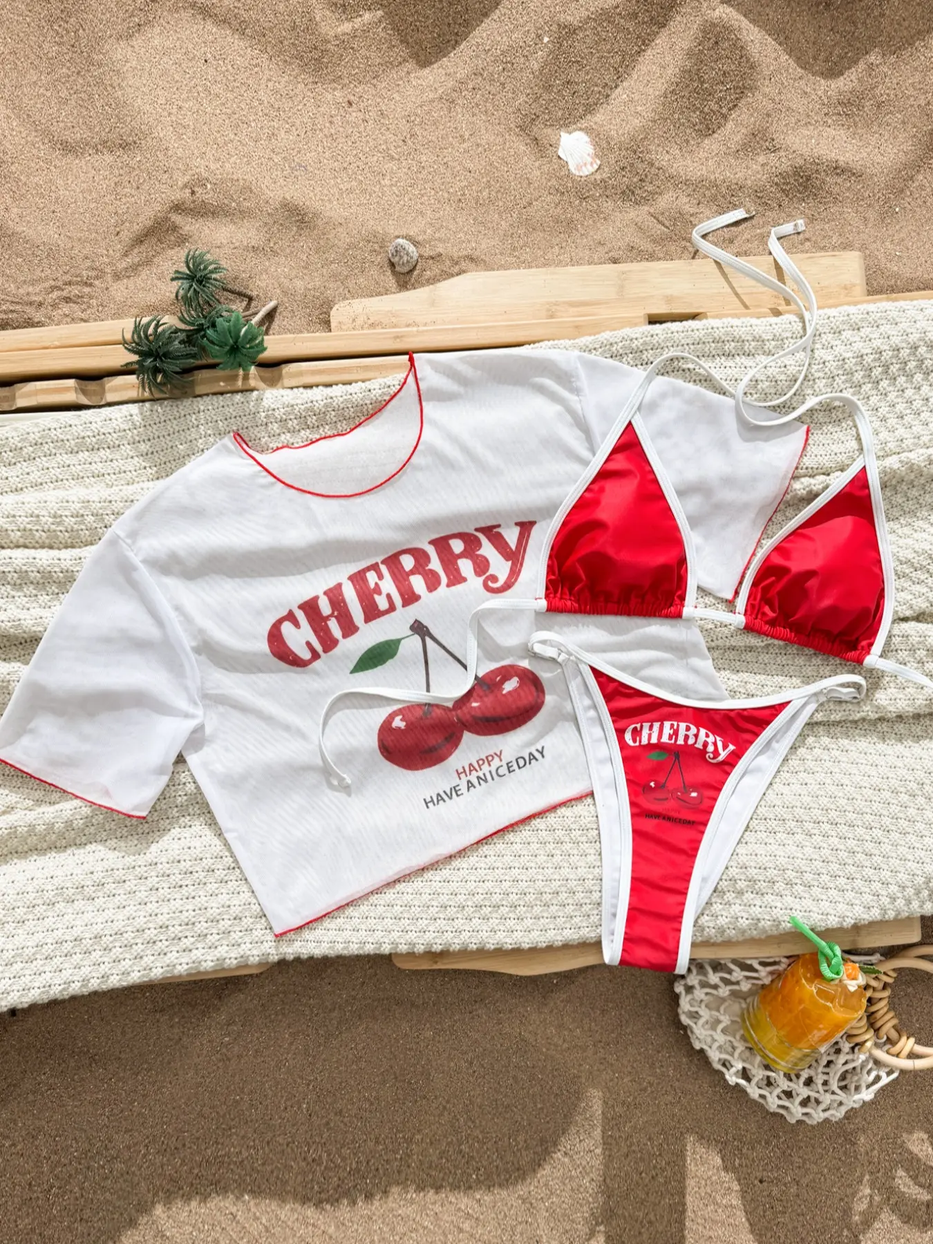Women's New Cherry Print Bow Casual Vacation Beach Three-Piece Bikini Swimsuit, Fitted Style, All over Print, All Seasons, Cherry Print Swimwear, Tie Back Bikinis