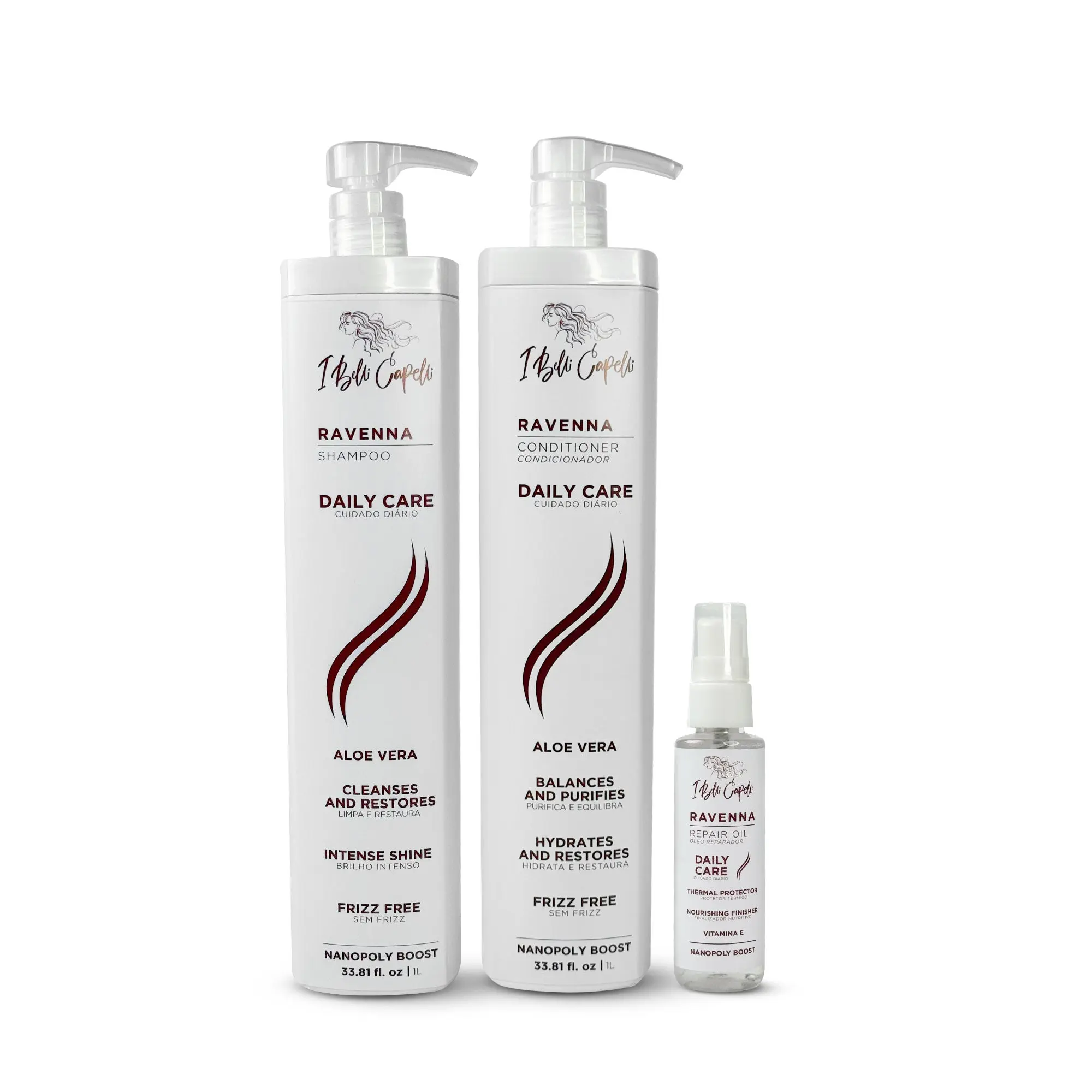 Kit I Belli Capelli Ravenna Daily Care with Aloe Vera – Shampoo + Conditioner (2x1L/2x33.8 fl.oz) + Repair Oil Haircare Gentle (1x60ml/1x2.0 floz)
