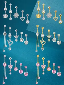 Boho Style Belly Rings for Women, Navel Piercing Jewelry, Stainless Steel Flower Design with Sparkling Cz, Non-Tarnish Hypoallergenic Jewelry for Parties & Beaches