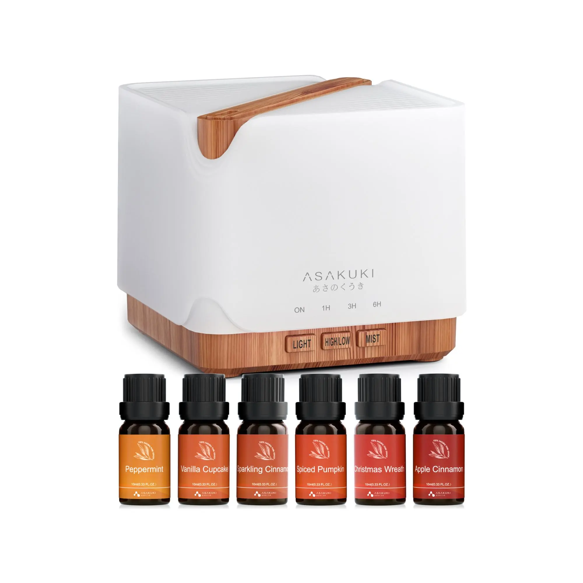 ASAKUKI Essential Oil Diffuser+ 6 Essential Oils Set 6x10ML for Home&Office,  Large Home, Fragrances Oil Aroma Humidifier, 7 LED Light Color, Timer and Auto-Off Safety Switch, house smell good products, Christmas Holiday gift, Aromatic Woody