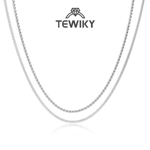 Tewiky Trendy 2Pcs 3mm Chain Necklace for Men SummerVibes Silver Layered Cuban Link Rope Necklaces Set Simple Jewelry Gift 18-28 Inches Present Jewelry