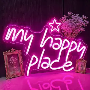 My Happy Place Neon Sign,  Pink LED Neon Light for Wall Decor, USB Powered My Happy Place Signs, Words Neon Lights for Girls Bedroom Birthday Party Wedding Christmas Halloween Aesthetic