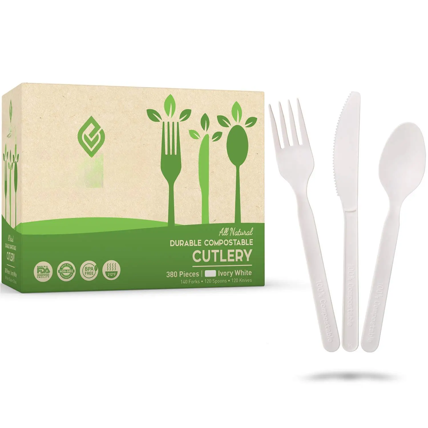 Compostable Forks & Spoons Cutlery Combo Set - 380 Large Size Disposable Use Utensils (7 in.), Durable Heat-Resistant Synthetic Alternative to Plastic Silverware with Convenient Tray