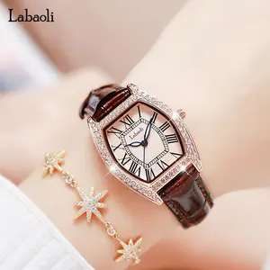 Rose Gold Tonneau Ladies Quartz Watch, Full Paved Crystal Bezel, Wave Texture Champagne Pink Dial, Retro Roman Numeral Markers, Slim Dark Brown Crocodile Grain Leather Strap, Waterproof Vintage Elegant Daily Party Wristwatch Gift For Women