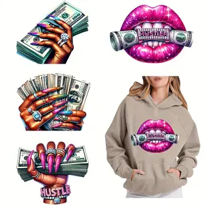 6-Piece DTF Transfer Stickers Set, Luxury Us Dollar Lip & Jewelry Design, Washable Plastic Heat Press Decals for DIY Clothing Accessories